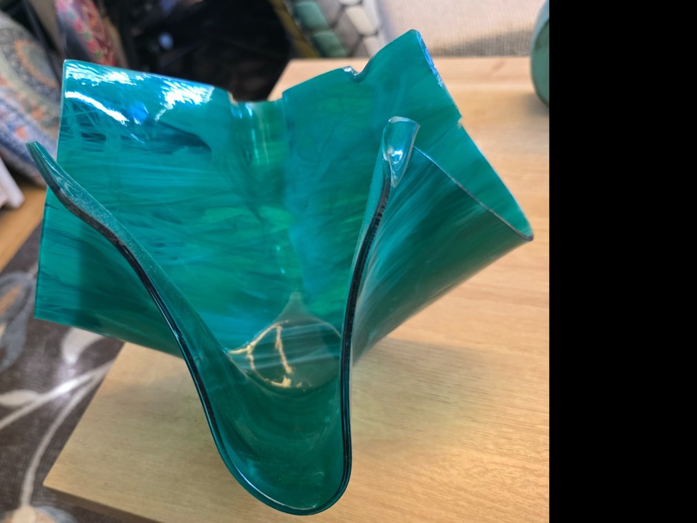 Teal and aqua swirled art glass handkerchief vase or bowl,