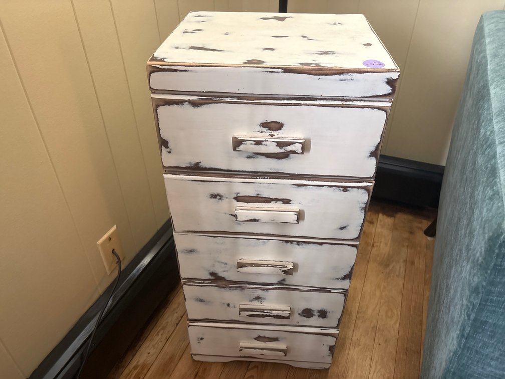 Distressed White Wood 5-Drawer Nightstand