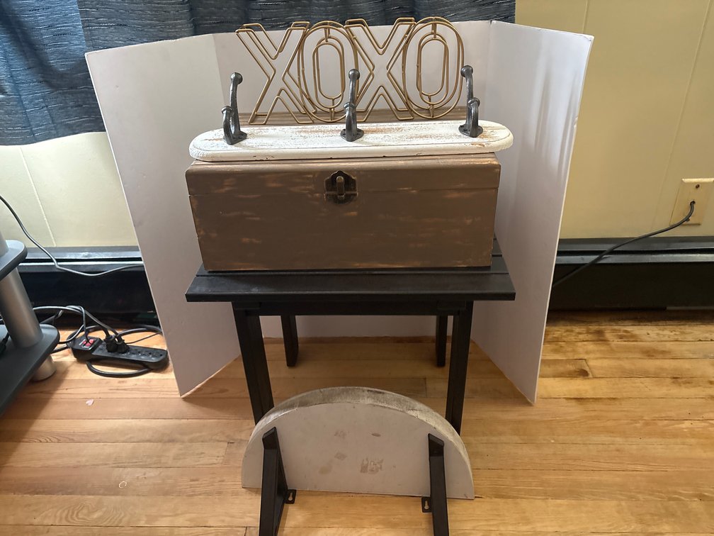Wooden Keepsake Storage Box, Side Table, Hooks, etc