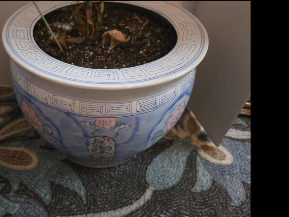 Vintage Chinoiserie-style porcelain fishbowl planter  pastel floral design and a blue Greek key rim.