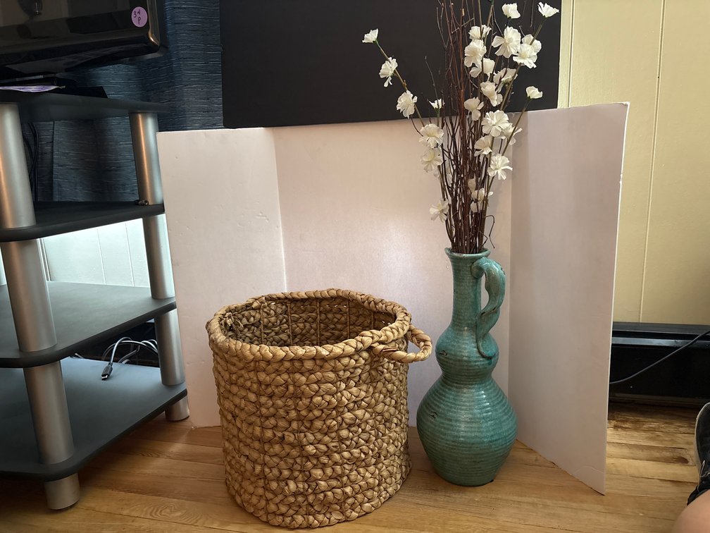 Woven Basket and Blue Tall Pitcher with Faux Flowers
