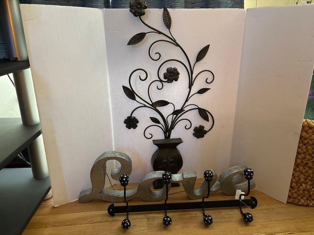 Metal Flower/Vase Decor, Metal “Love” Decor, and Towel Rack