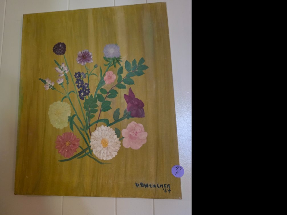 Painting of a colorful floral bouquet set against a muted yellow-green background, signed "Homencher '54"  on Canvas