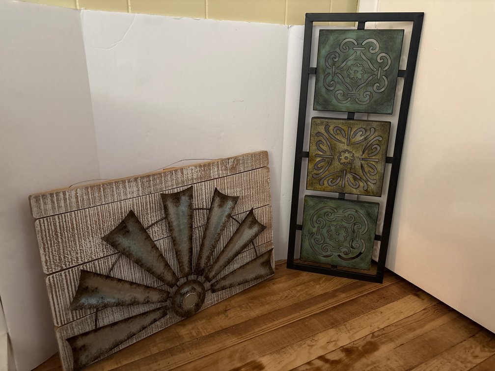 Metal Windmill on Wood Plank and 3-Tile Metal Scrollwork Wall Panel