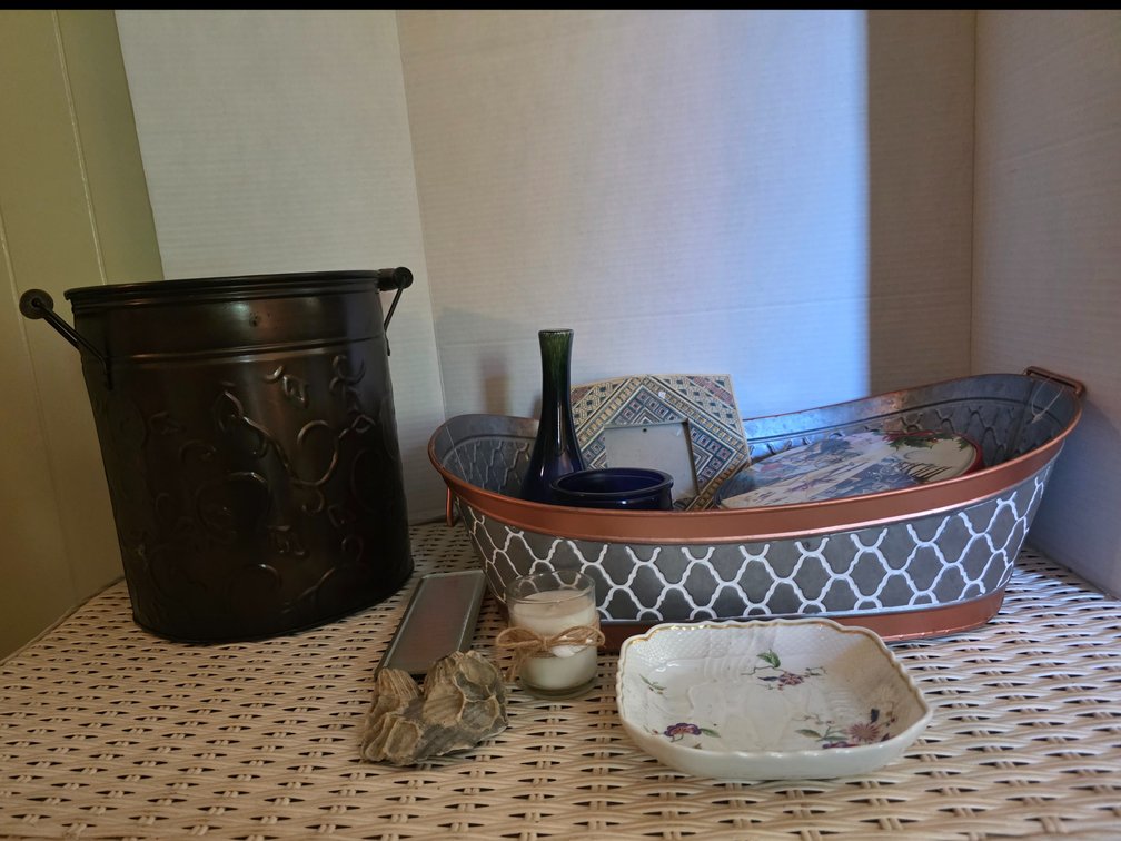 Metal Handled Bucket, oval metal tray , Richard Ginori 8" Floral Square Plate Dish