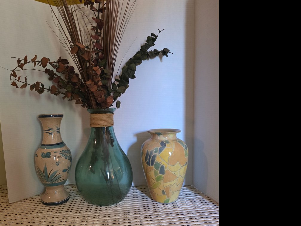 Hand-painted  pottery vase ;vase with a yellow and blue mosaic-style tulip pattern: recycled glass bulb vase with a rustic jute twine-wrapped neck
