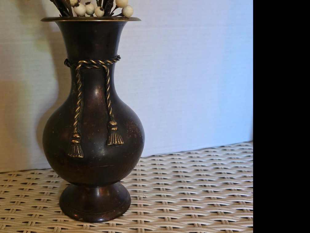 Vintage 5.5" Brass Bud Vase With A Rope Tied Around Top  Brass Also