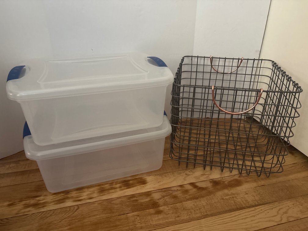 2 Sterilite Plastic Storage Bins and Metal Storage Cube