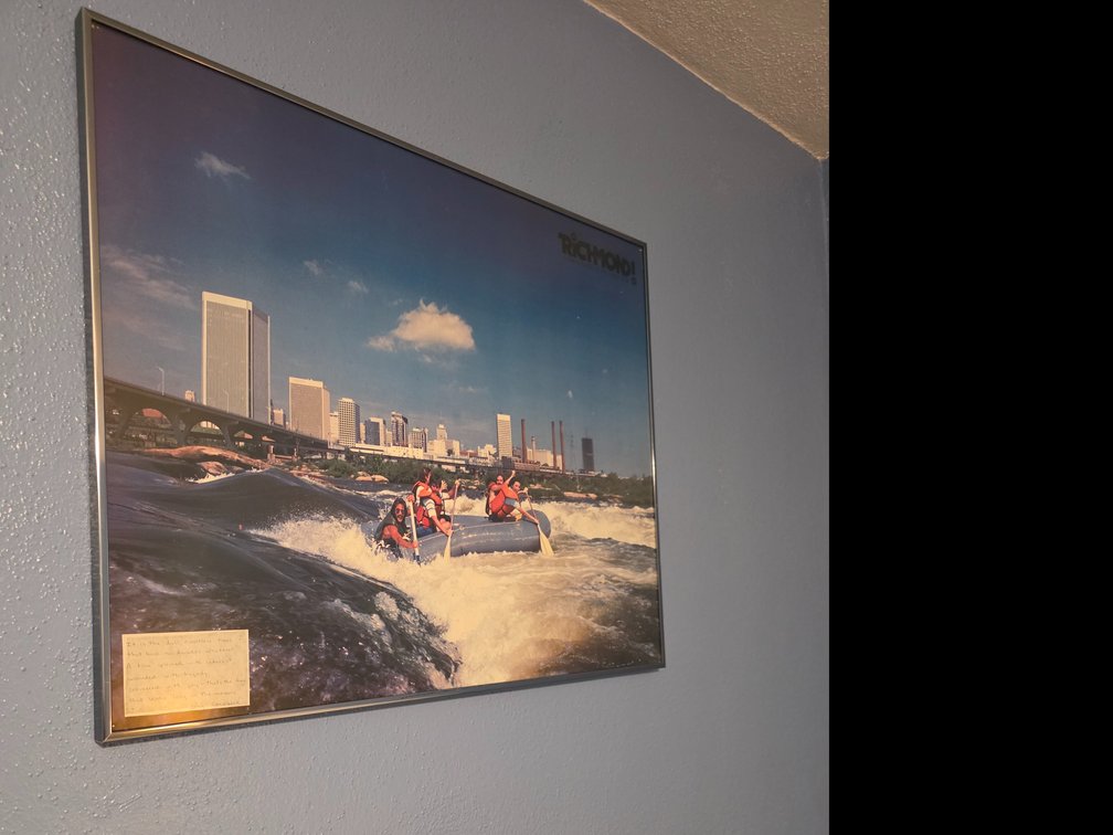 Print of the Richmond, Virginia skyline and whitewater rafters on the James River,