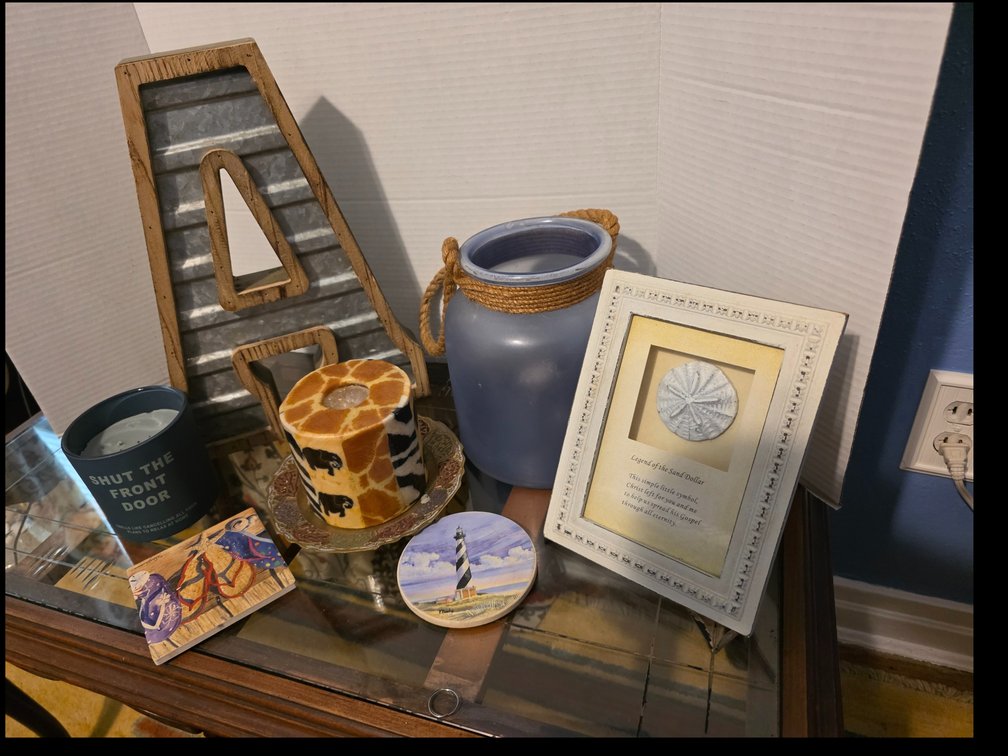 Decor, Meral and Wood Letter "A";  Candles, blue frosted glass hurricane candle holder or jar wrapped with a natural rope or twine handle, etc