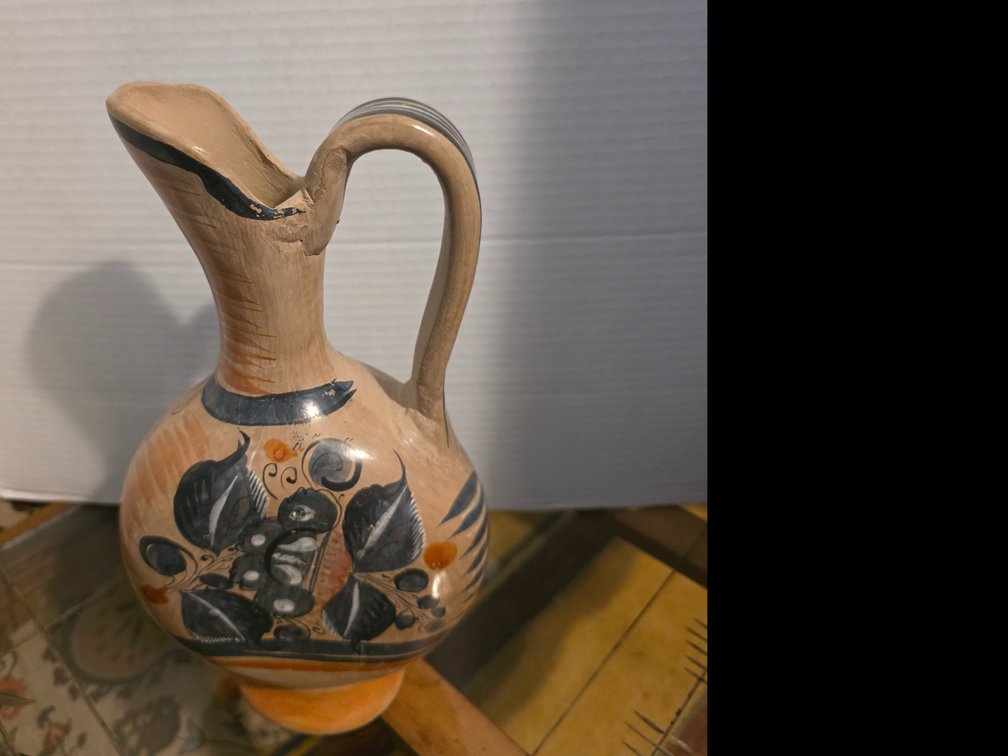 Vintage hand-painted and burnished Tonalá pottery pitcher from  Mexico,