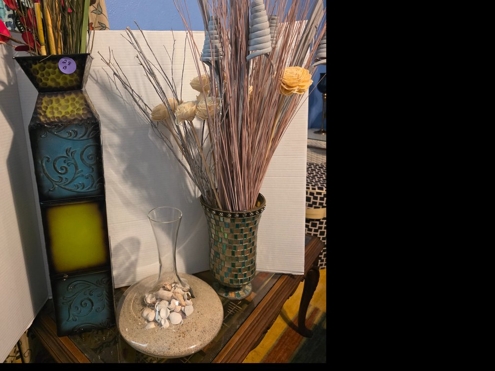 Mosaic Hurricane Candle Holder / Vase, Metal Vase, Clear Glass Vase with Sand and Shells