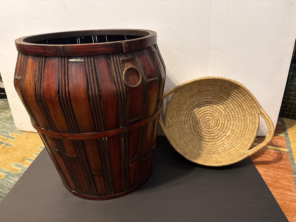 Woven Baskets - Bamboo Storage Barrel & Straw Bowl Tray