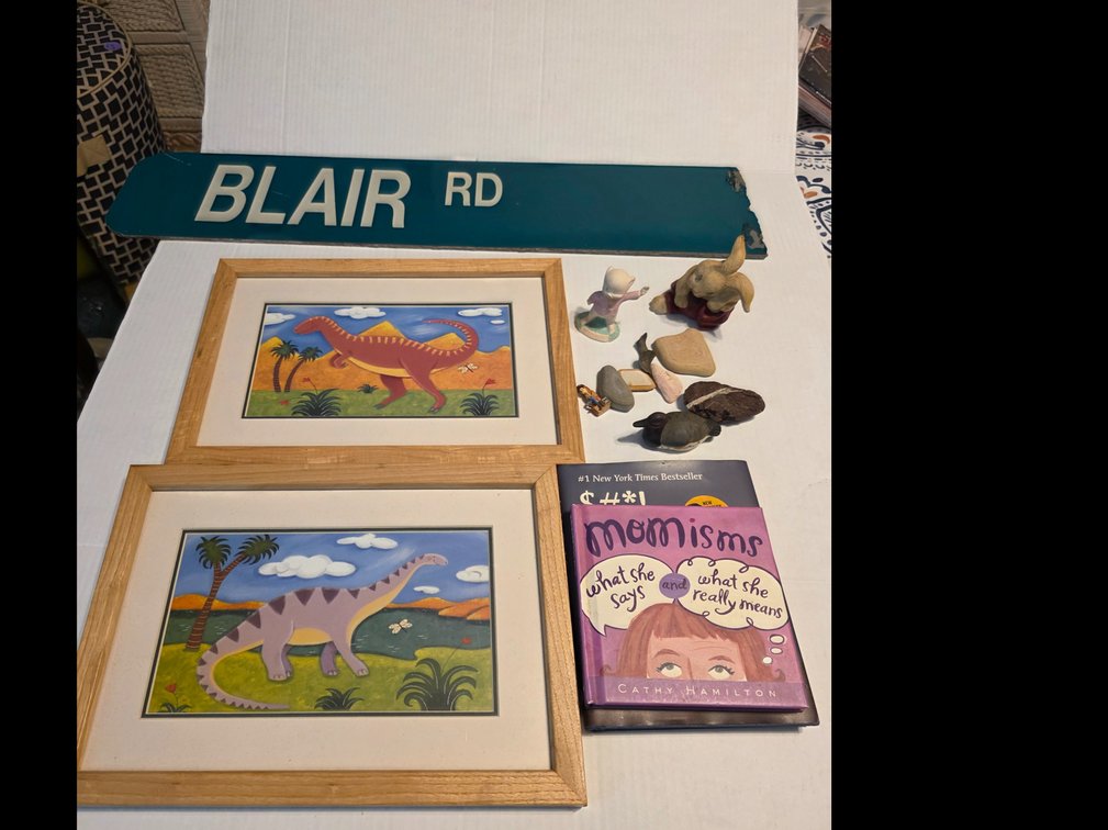 Framed Dinosar Pictures,  Blair Road Sign, Miniture  Porky  Pig, ,etc