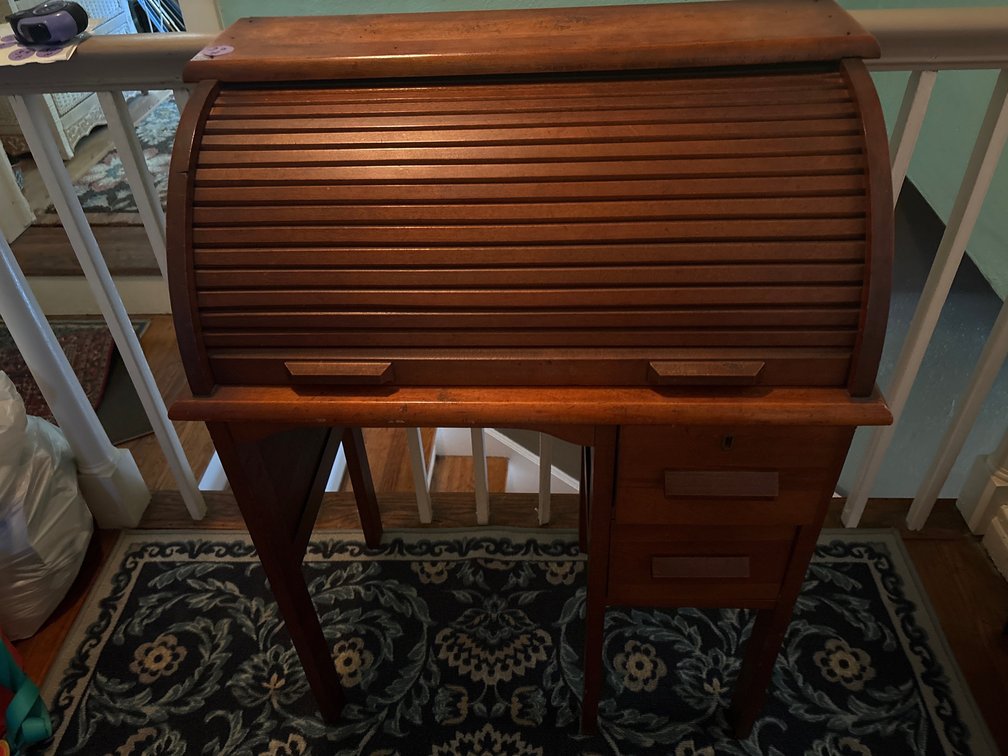 Small Wooden Roll Top Secretary Desk with Drawers And Chair