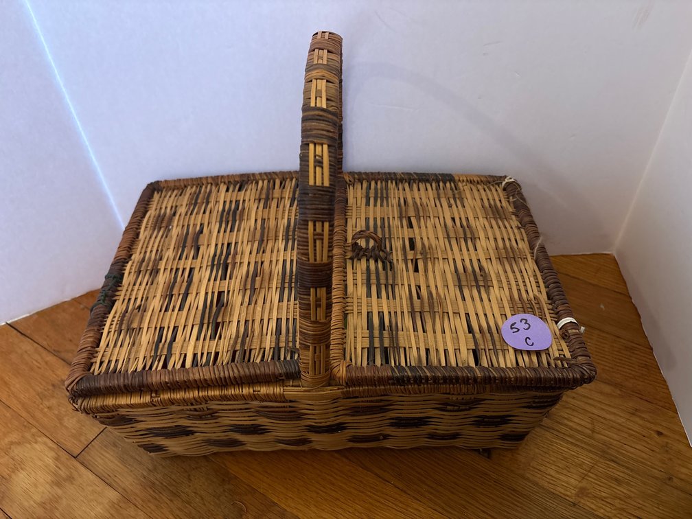 Woven Wicker Double-Lid Sewing Basket with Handle