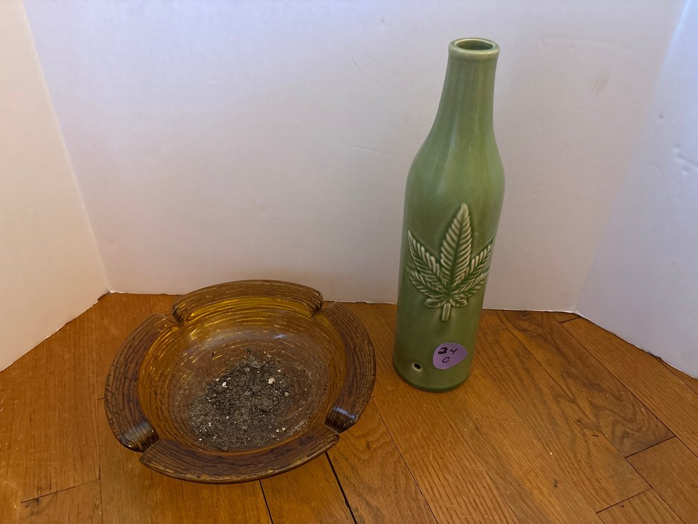 Amber Colored Glass Ashtray & Green Vase