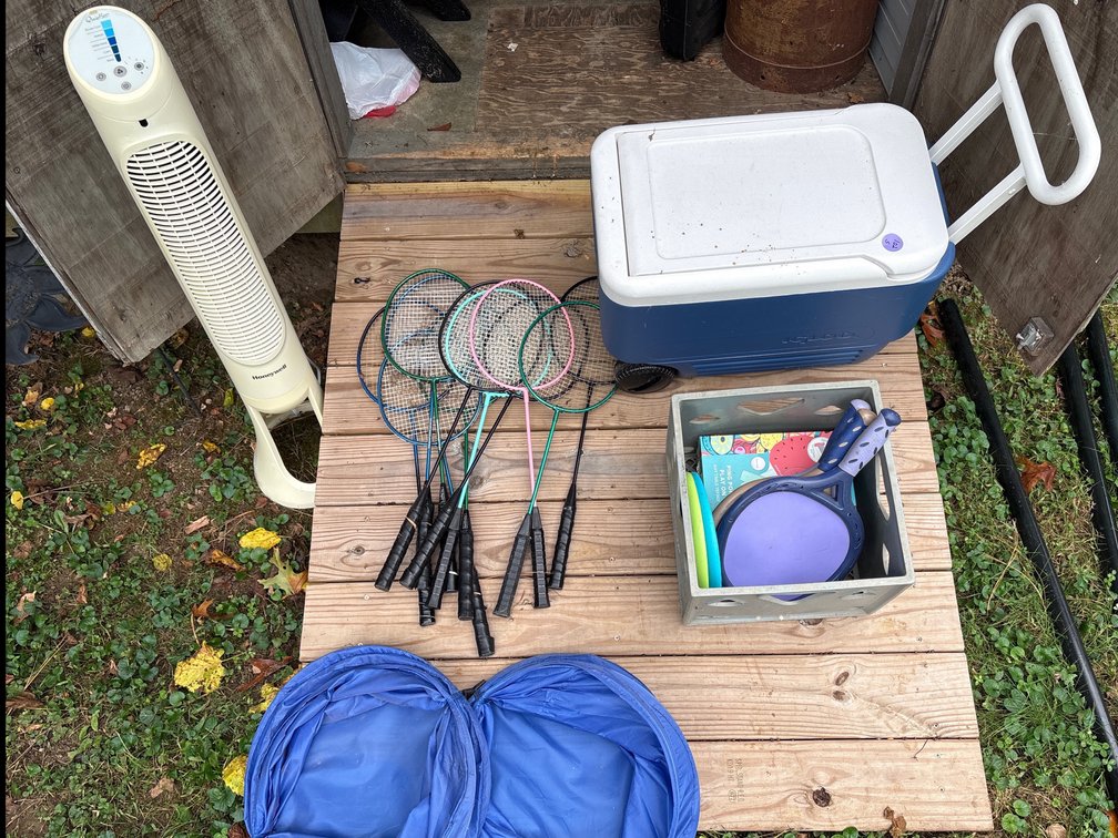 Outdoor Recreation & Lawn Games Lot: Rolling Cooler, Badminton, Table Tennis Rackets & Tower Fan