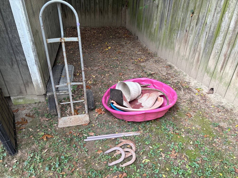 Utility Dolly, Plastic Kiddie Pool, Horseshoe Set, and Sleds
