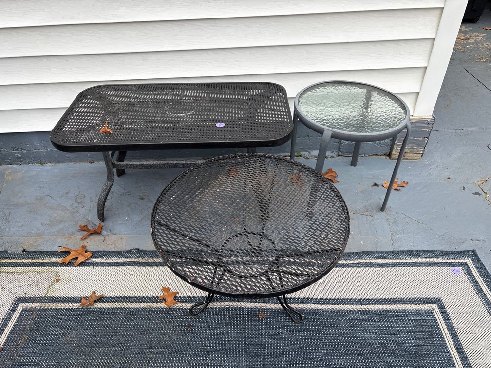 Metal Rectangular Coffee Table, Metal Circle Side Table, and Metal/Glass Top Side Table