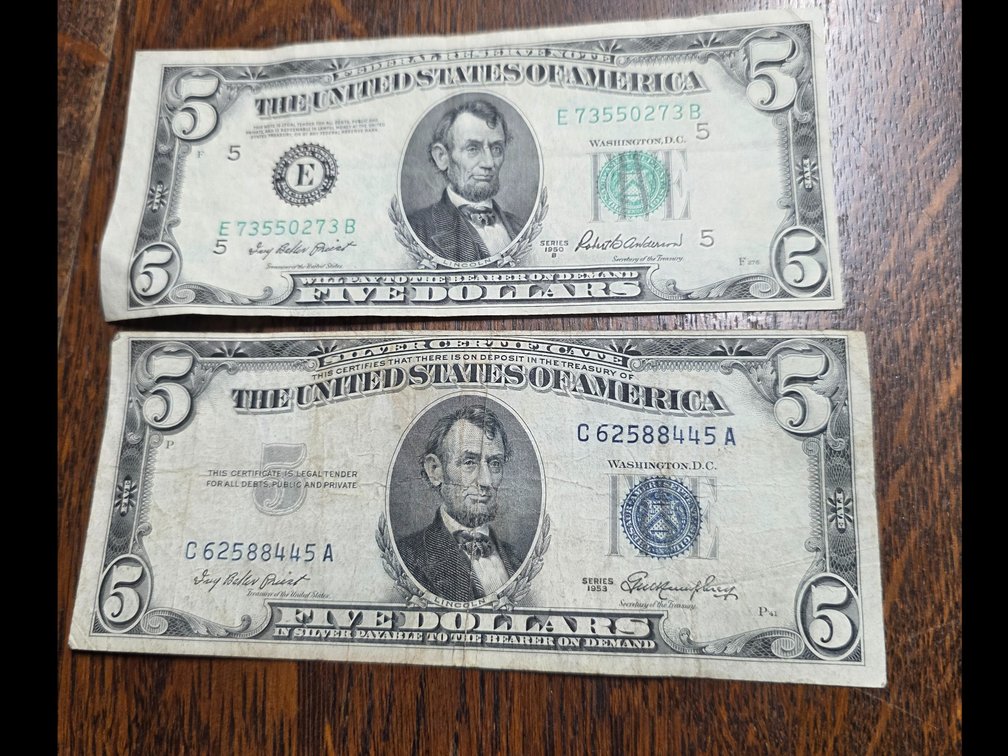 Off Center  1950 $5.00 Bill, 1953 $5.00