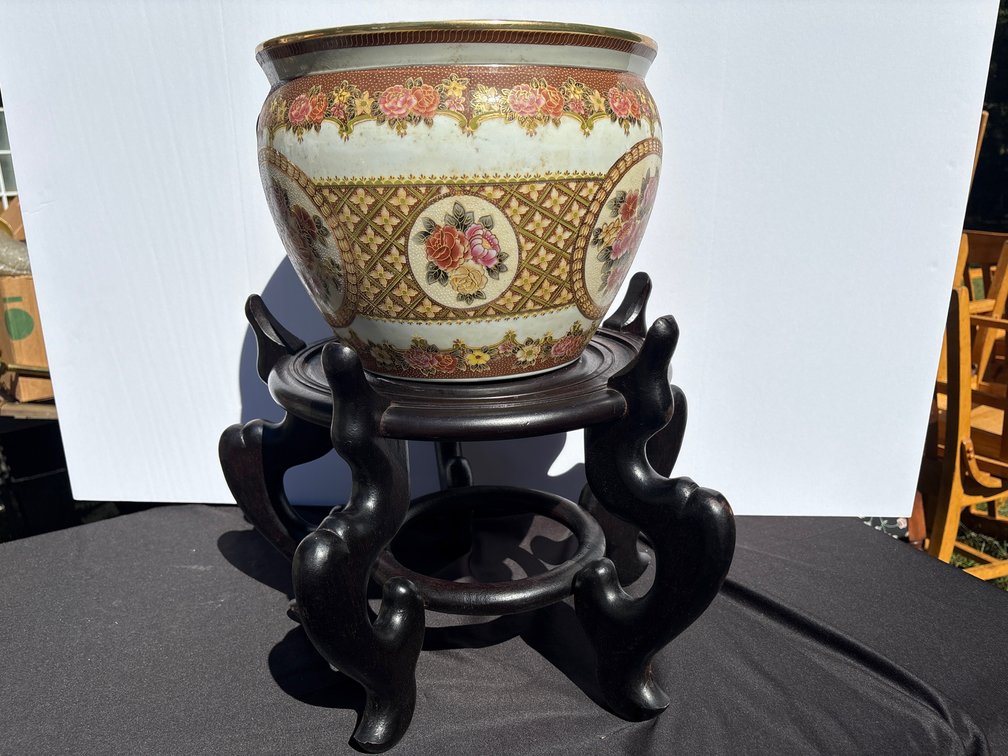 Hand Painted (inside and out) Large Porcelain Fish Bowl on Stand