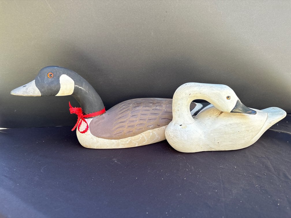 Hand-Carved Wooden Canada Goose With Painted Feather Detail and Painted Wooden Swan (x2)