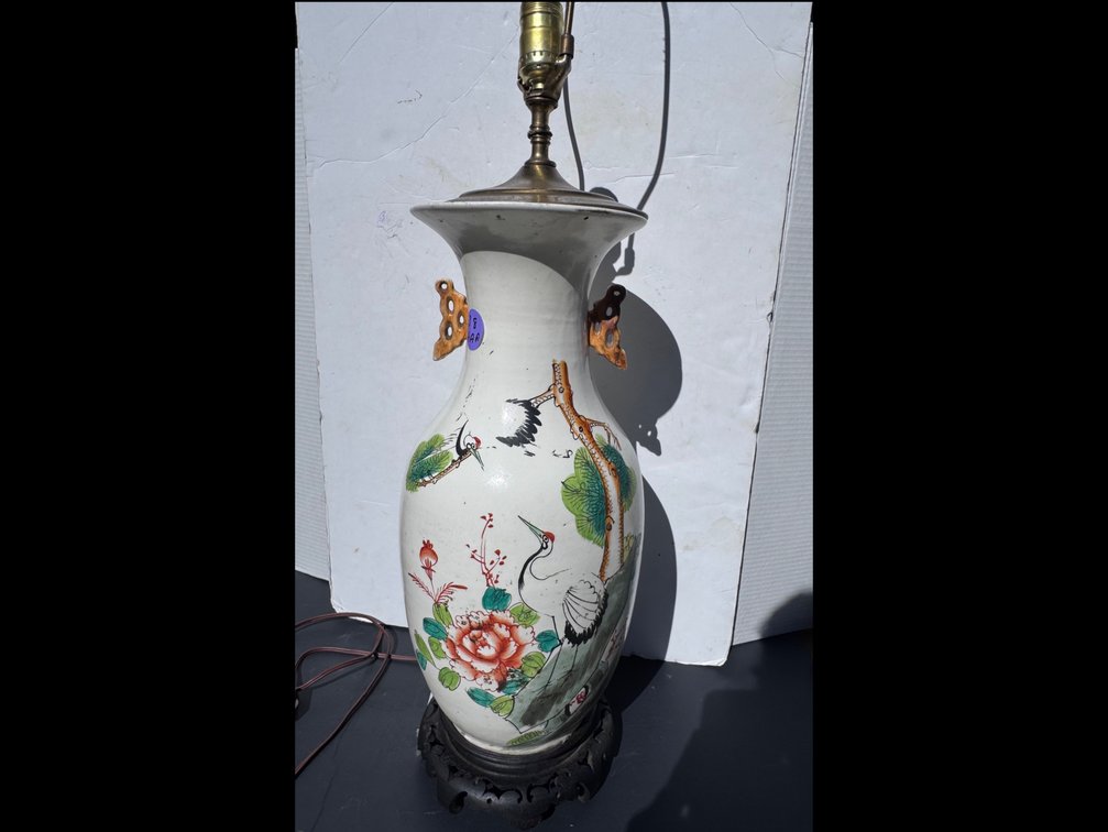 Antique Porcelain Chinese Lamp Painted 26” h