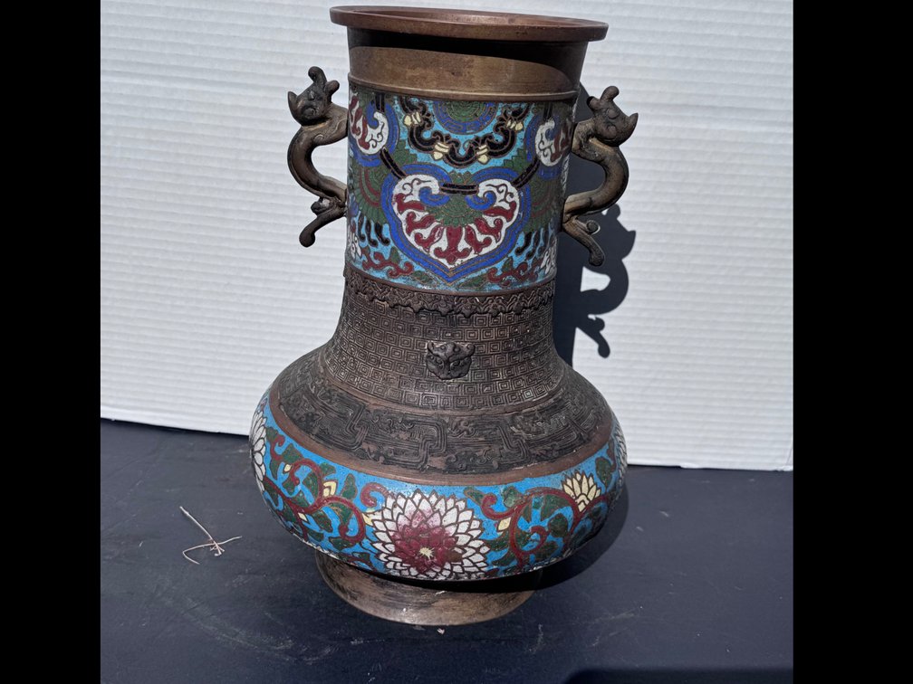 Antique Cloisonne 2-Handle Vase. In-Relief Bronze + Enamel Serpent Handles