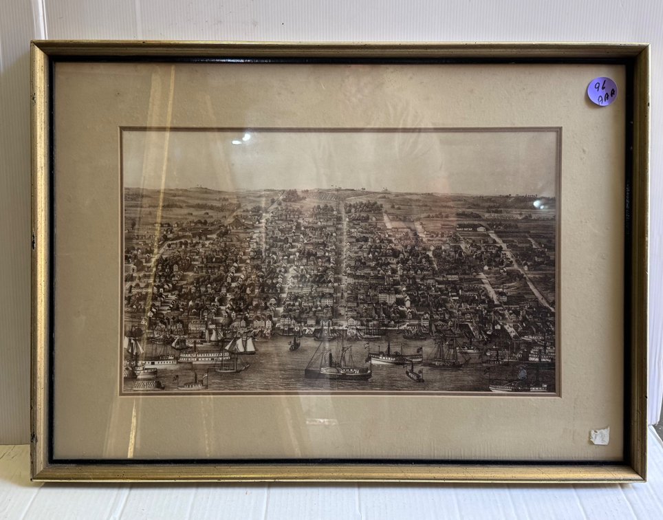 Framed Arial Drawing Print of Riverfront Town/City