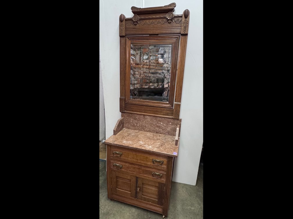 Antique Victorian Walnut Marble Washstand w/Mirror