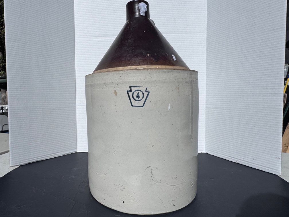 Antique 4 gallon Keystone Stoneware Whiskey Jug 2 Tone