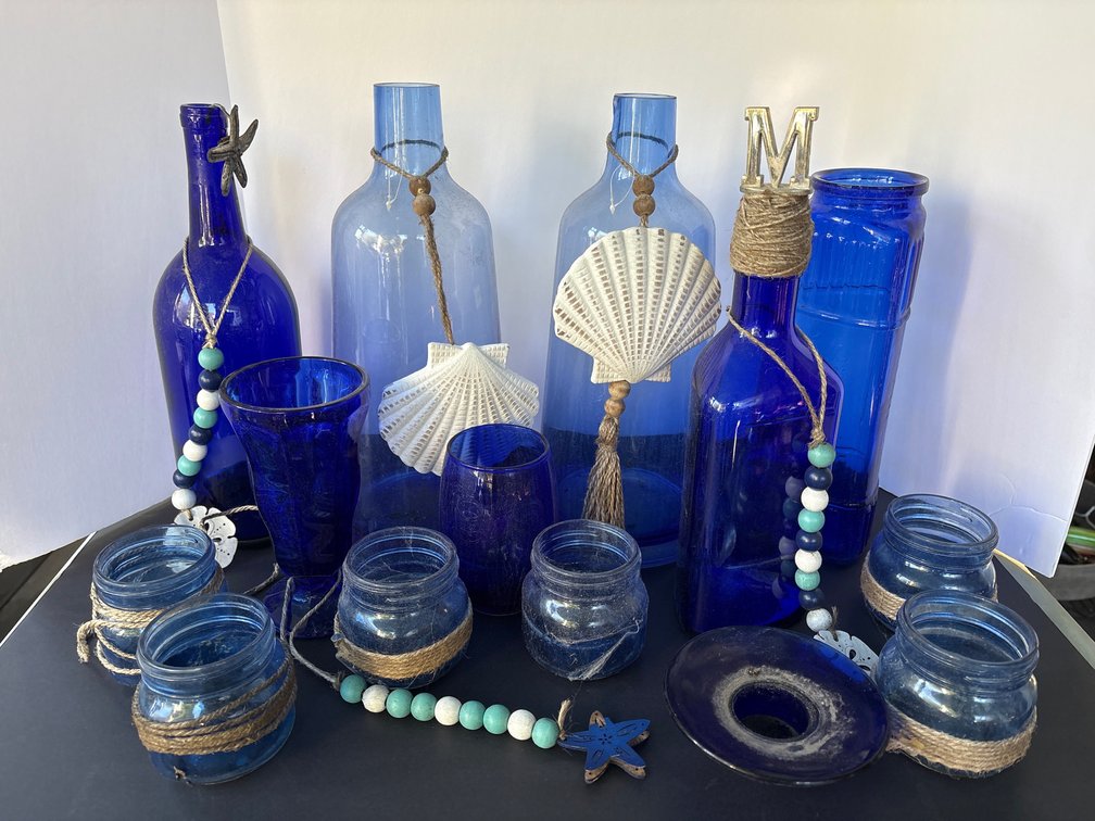 Coastal Blue Decor Set - Decorative Glass Bottles, Vases & Jars with Nautical Accents