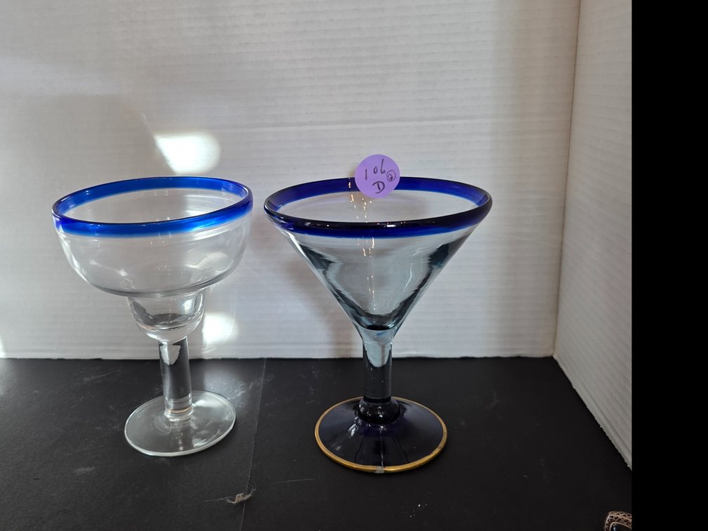 Hand Blown Clear Martini Glass WIth Blue Rim