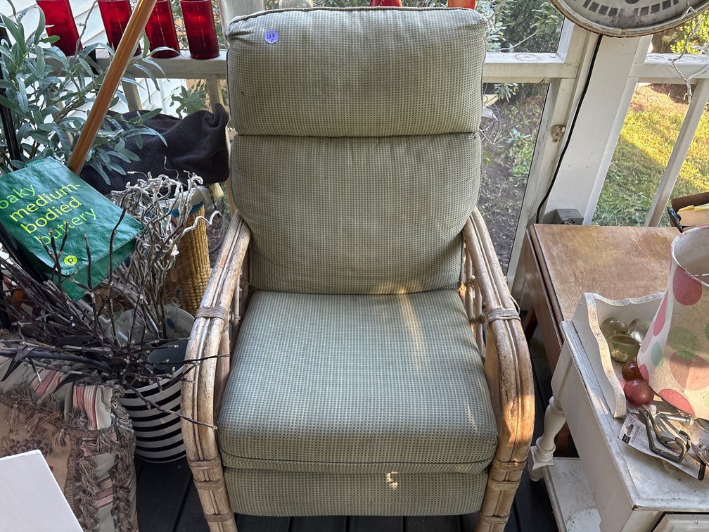 Lounge Chair with Textured Green Cushions - Boho Sunroom Armchair