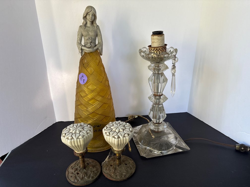Decor Lot - Figurine, Accent Lamp, and Architectural Door Knobs