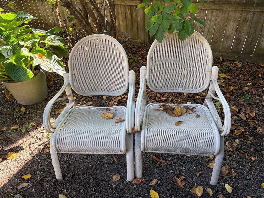 Vintage White Metal Mesh Patio Armchairs (Set of 6)