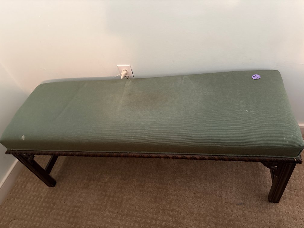 Upholstered Long Bench / Entryway Ottoman – Sage Green Fabric with Dark Wood Legs