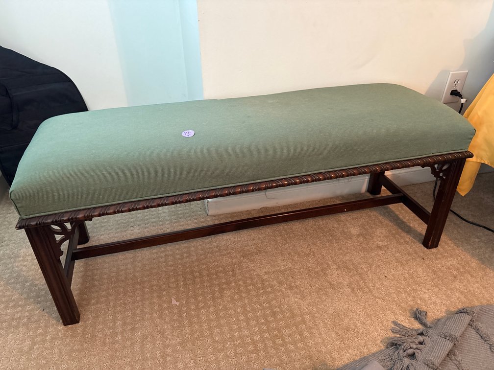 Upholstered Long Bench / Entryway Ottoman – Sage Green Fabric with Dark Wood Legs