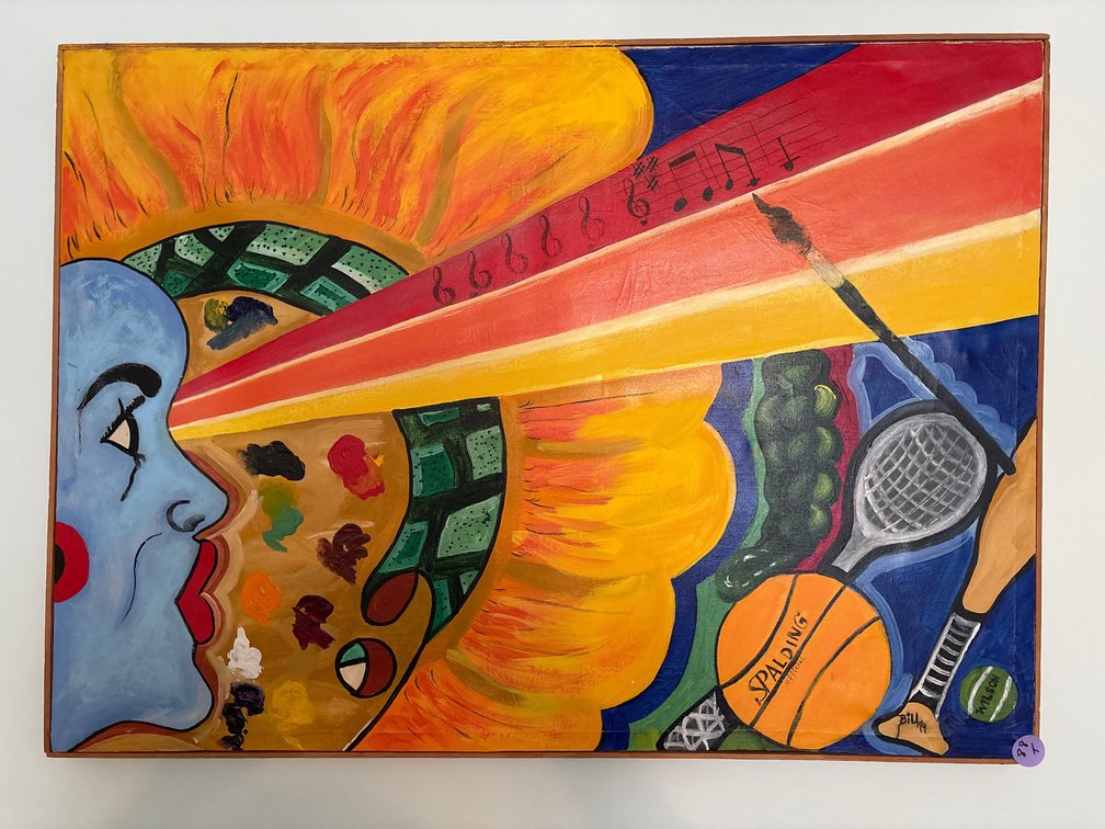 Original Surrealist Mixed Media Canvas Painting – Music, Art & Sports Motif, Signed by Artist "Bill '19"
