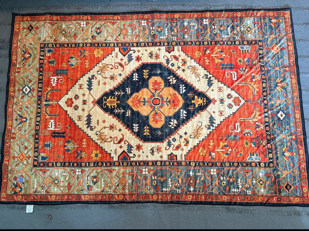 Persian-Style Area Rug – Red, Navy Blue & Gold Medallion Design, Machine Washable