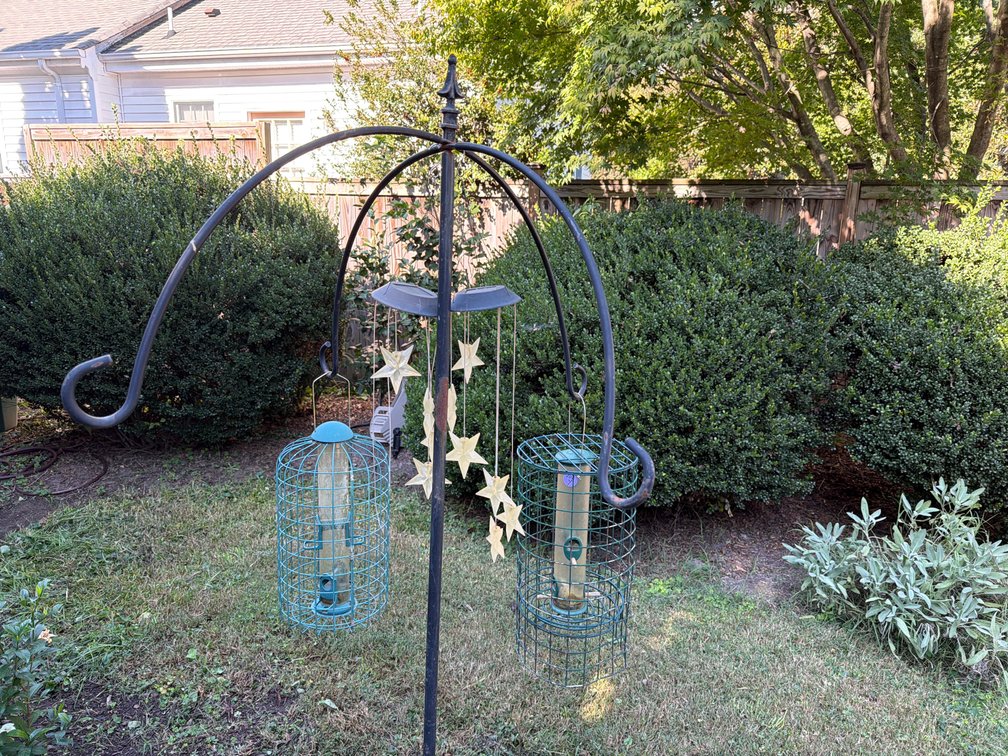 Multi-Hook Garden Pole with 2 Hanging Bird Feeders and 2 Solar Star Chimes
