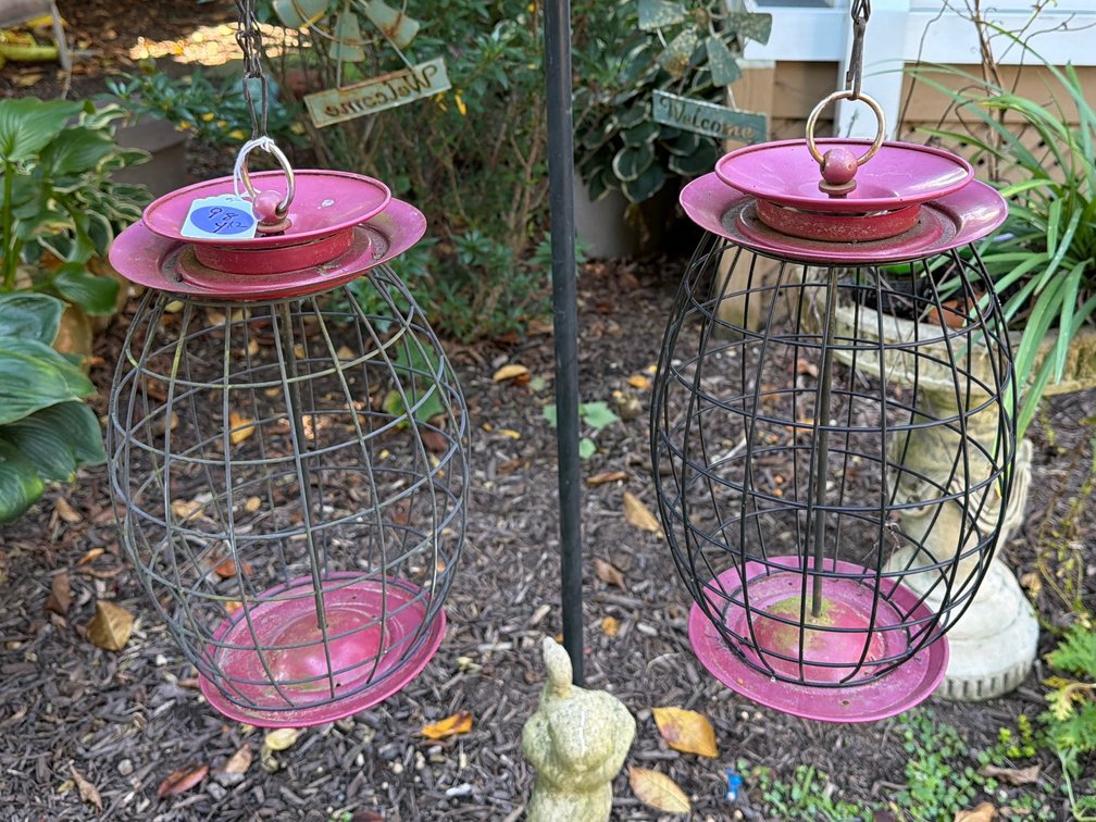 Tall Wrought Iron Garden Pole with 2 Hanging Bird Feeders & Concrete Garden Statue