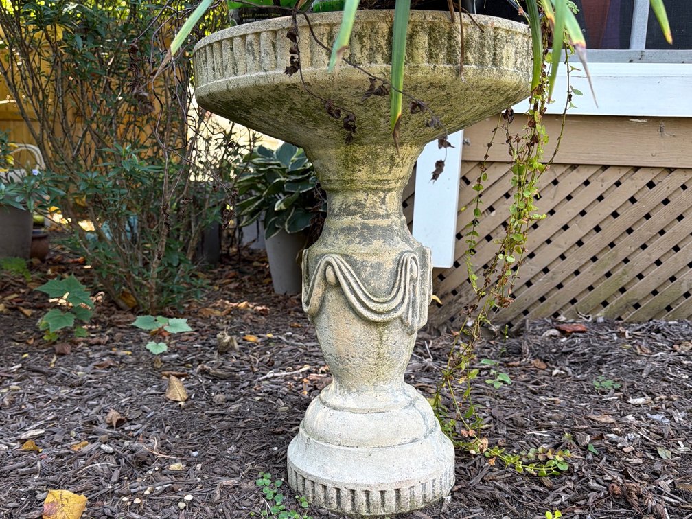 Vintage Stone Pedestal Bird Bath Assorted Potted Plants & Metal Hanging Garden Decor