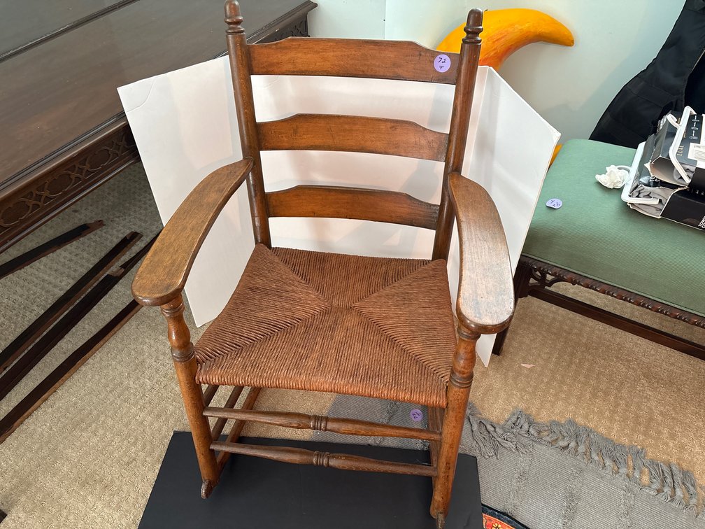Wooden Ladder-Back Rocking Chair – Rush Woven Seat & Turned Armrests