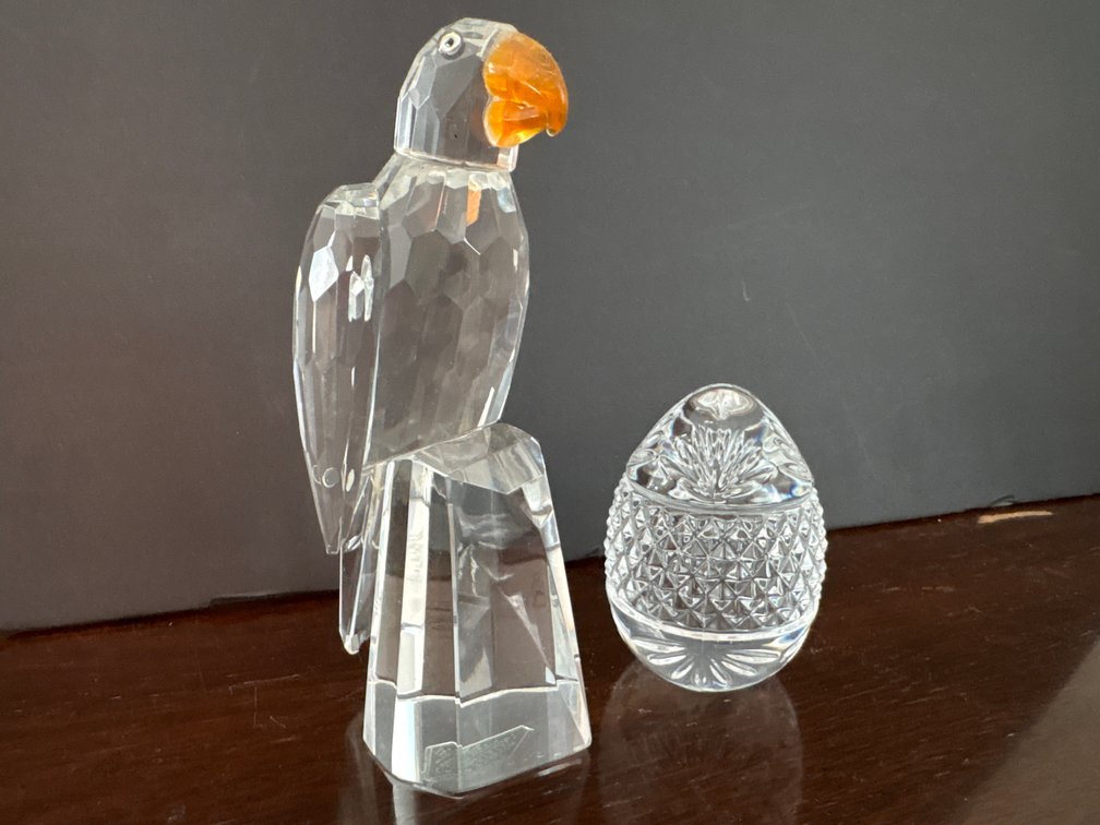 Glass Cut Parrot Figurine on Perch & Faceted Egg Paperweight Set