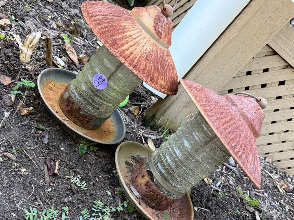 Set of 2 Vintage Glass & Metal Bird Feeders