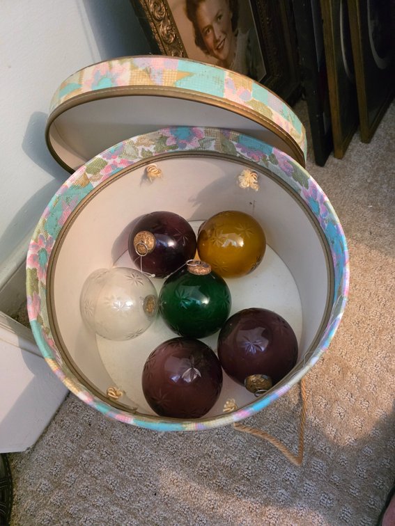 Large Hat Box with Vintage large, heavy glass Kugel-style Christmas ornaments