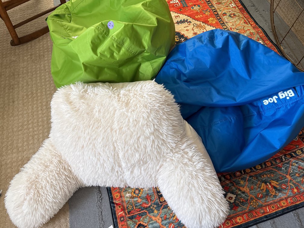 2 Kid Big Joe Bean Bags and White Shaggy Pillow