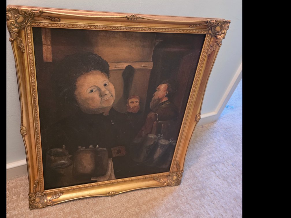 Gilted  Framed European genre or tavern interior painting  on Canvas rendered in the tradition of the Dutch